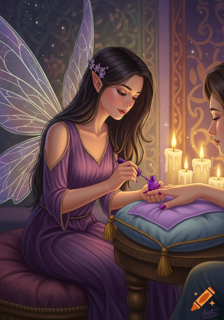 A fairy with dark hair and a purple dress paints the nails of another person in a cozy, candlelit fantasy setting.
