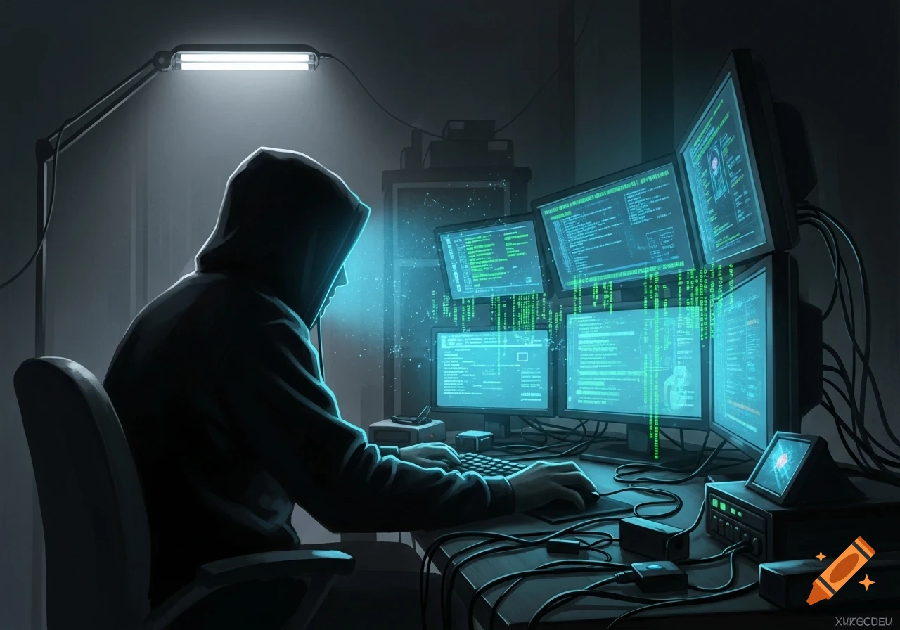 A hooded figure sits in a dark room, illuminated by multiple glowing computer screens displaying green code, in a digital art style.
