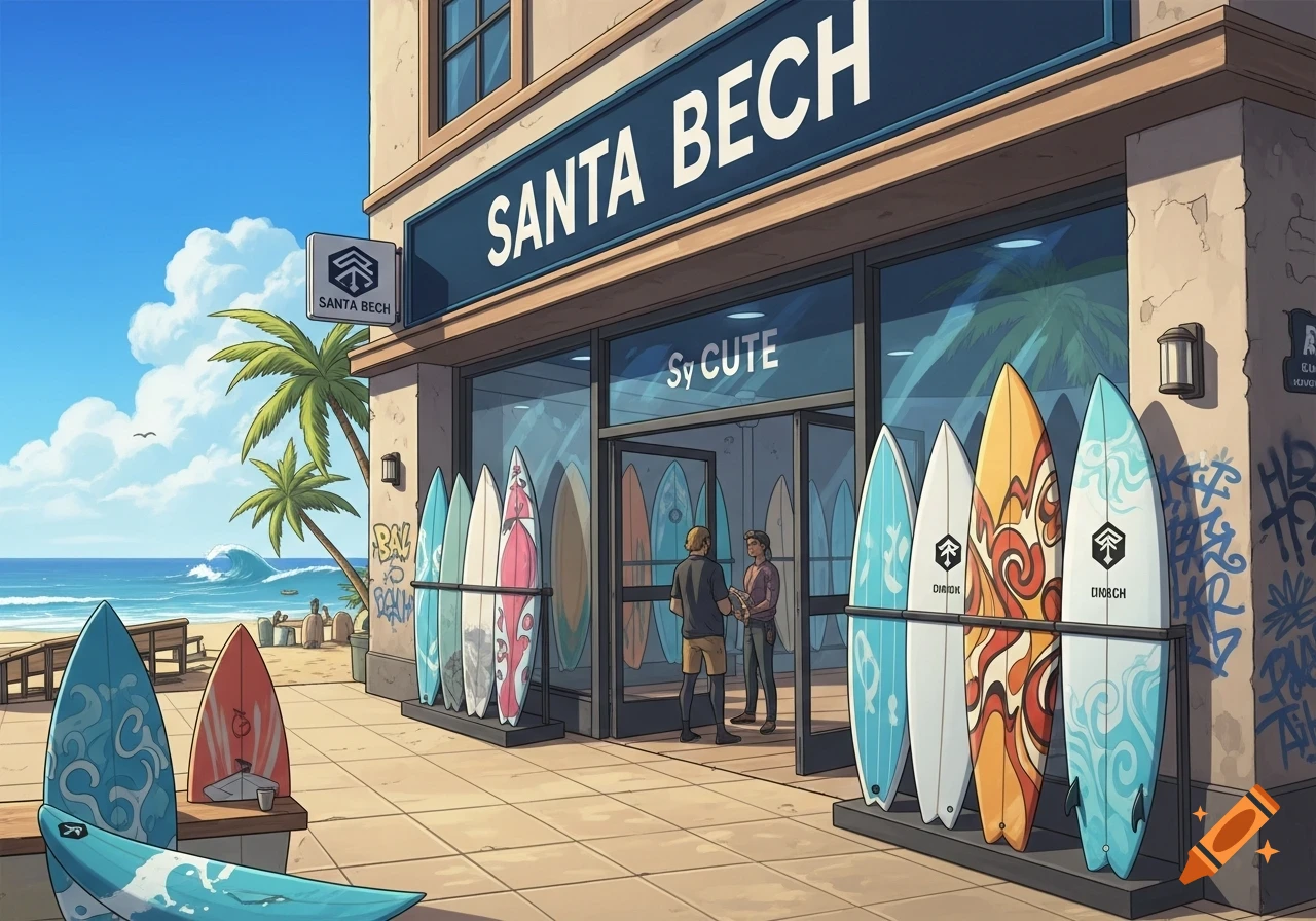 An anime-style surf shop, "SANTA BECH," stands by a sunny beach with palm trees and ocean waves. Surfboards line the storefront.