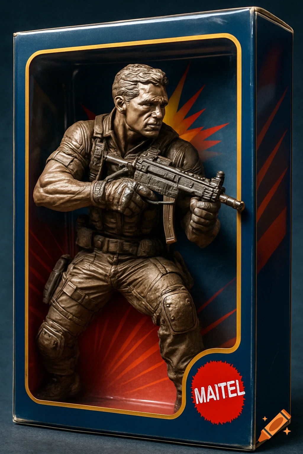 Bronze-toned action figure of a soldier with a machine gun, displayed in a clear toy box with a red MAITEL logo.