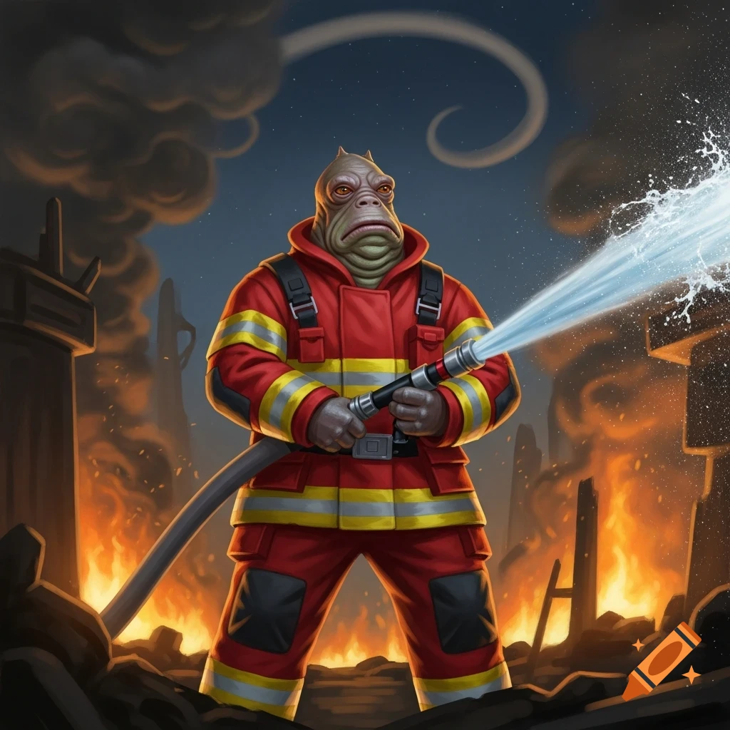 Boss Nass from Star Wars, dressed as a firefighter, spraying water from a hose in a burning city.