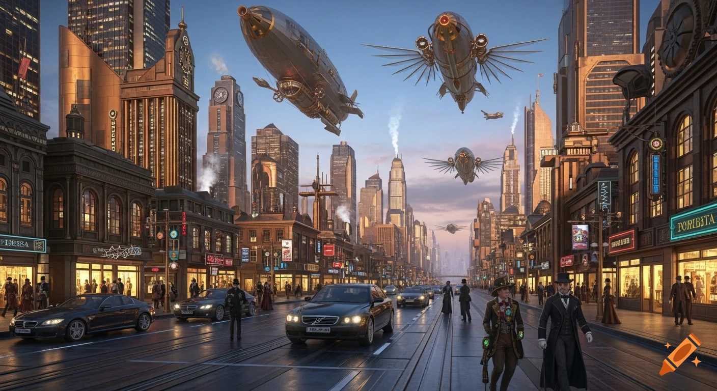 A vibrant steampunk city at dusk with modern cars, flying airships, and ...