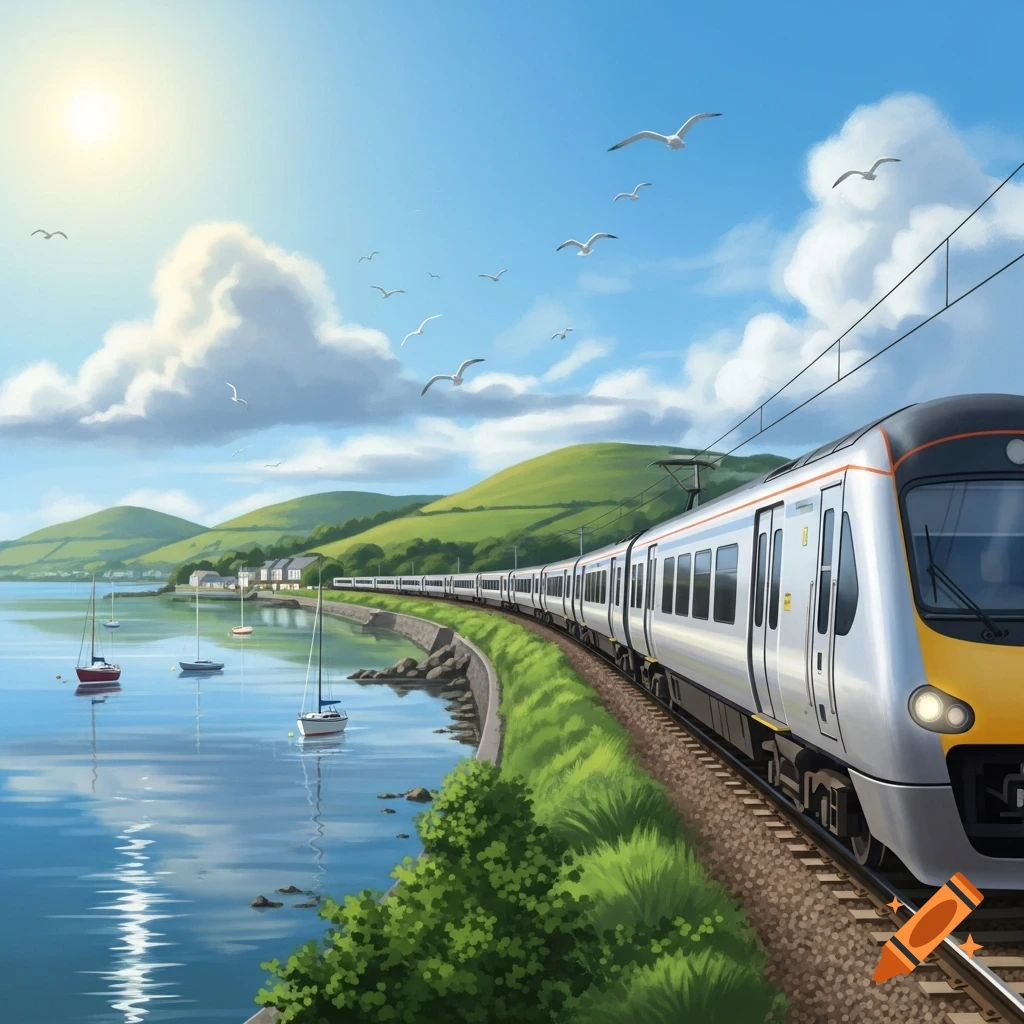 An illustrated silver and yellow train travels along a sunny coastline beside water with sailboats, green hills, and seagulls flying in the sky.
