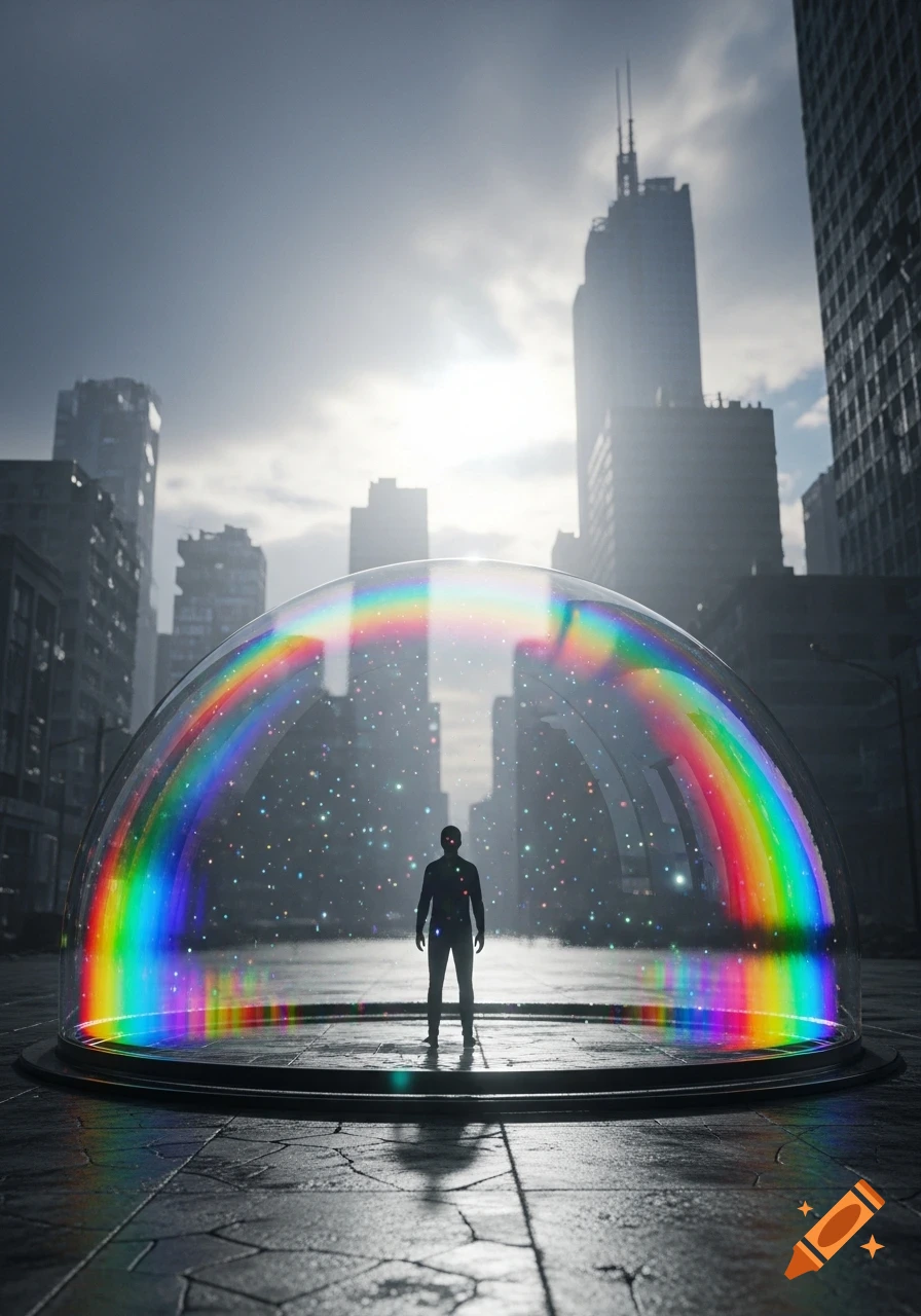 A silhouette of a person stands within a large, transparent dome filled with a rainbow and sparkling dust, set in a desolate, futuristic city.