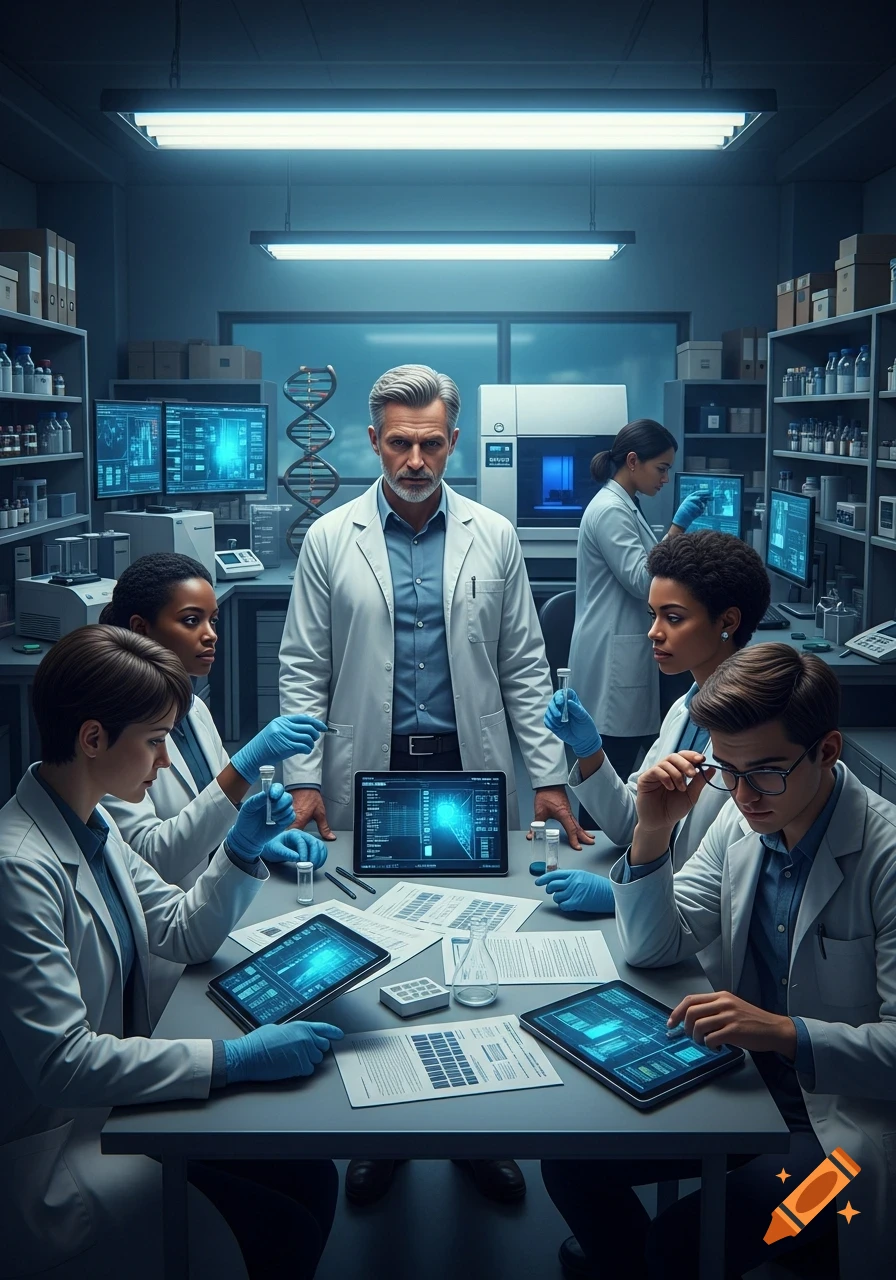 A diverse group of scientists in lab coats work with tablets and test tubes in a modern, blue-lit laboratory.