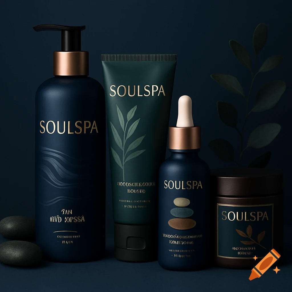 A luxurious collection of Soulspa branded skincare products, including a pump bottle, a tube, a dropper bottle, and a jar, all in deep blue and green with gold accents, set against a dark background with decorative leaves and spa stones.