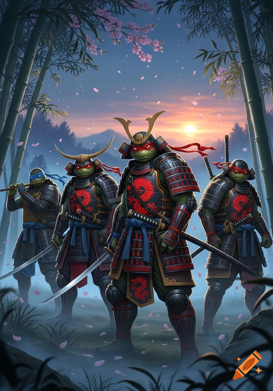 Four Teenage Mutant Ninja Turtles as samurai stand in a misty bamboo forest with falling cherry blossoms at sunset.