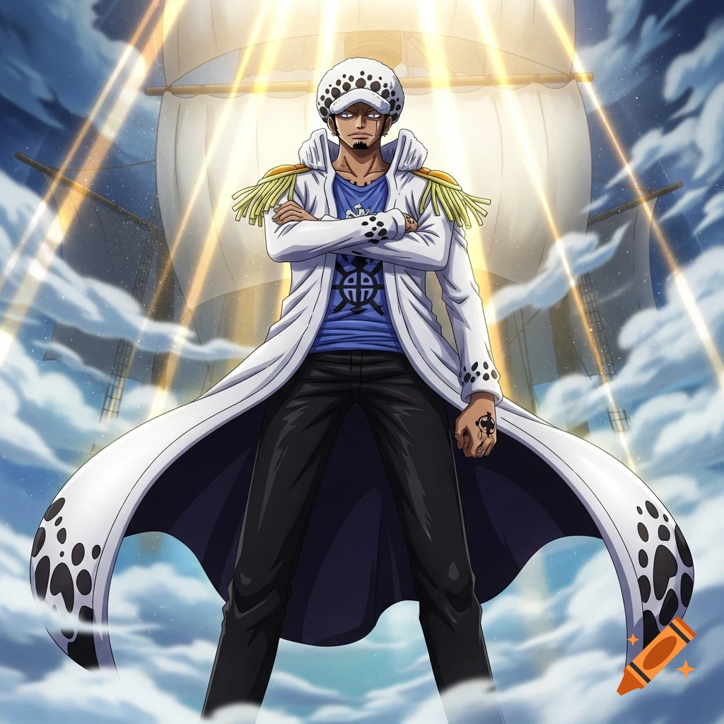 Anime character Trafalgar Law with dark skin, wearing a white spotted coat and hat, standing confidently with arms crossed against a ship background.