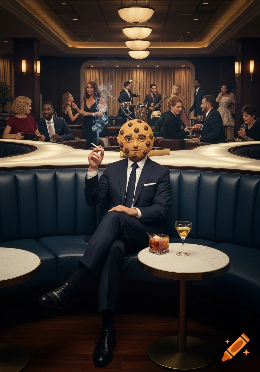 A man with a chocolate chip cookie head, dressed in a suit, smokes a cigarette in a sophisticated, dimly lit lounge filled with socializing patrons. Photorealistic.