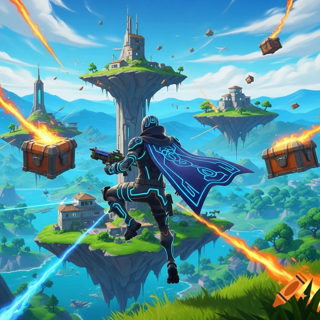 A futuristic character with a glowing cape and gun stands in a vibrant video game landscape with floating islands, energy beams, and flying treasure chests.