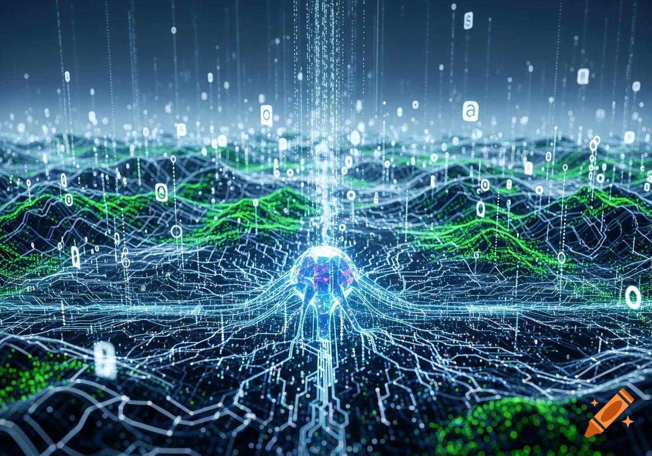 Abstract digital landscape with a glowing central orb, interconnected circuitry, and flowing data streams.