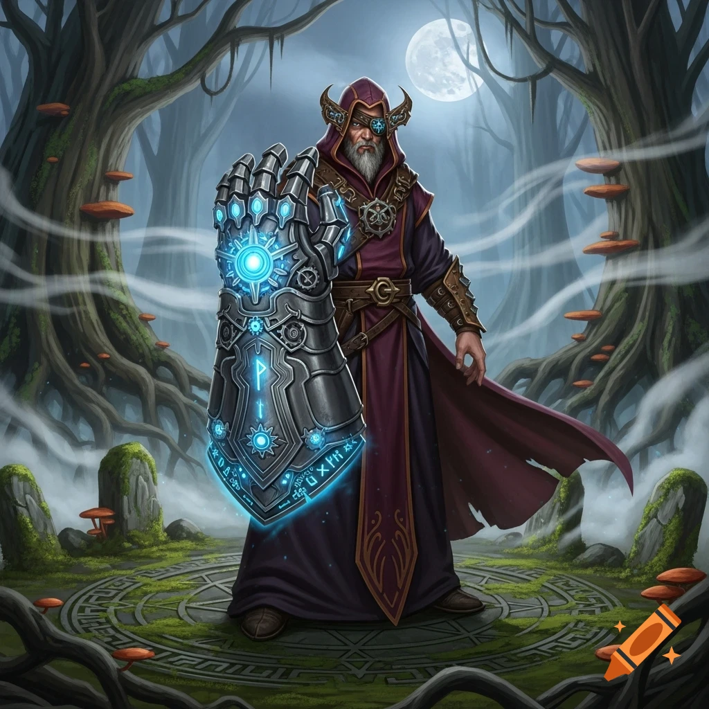 An old wizard with an eye patch and a white beard stands in a mystical forest, holding a large, glowing metal gauntlet.