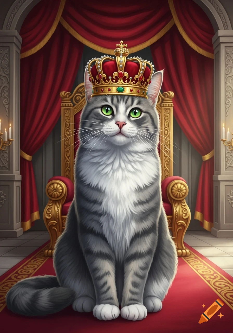 A regal gray tabby cat with green eyes sits on a red carpet, wearing a gold and jewel-encrusted crown in a royal throne room.
