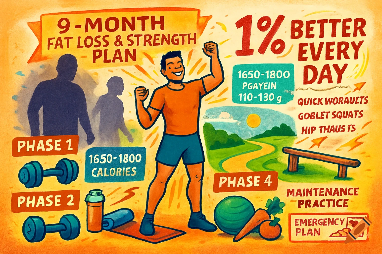 A colorful, hand-drawn infographic illustrating a "9-MONTH FAT LOSS & STRENGTH PLAN" with a smiling fit man, dumbbells, and motivational text.