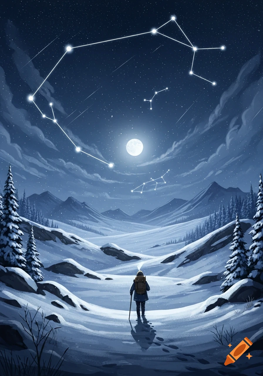 A stylized illustration of a lone person hiking through a snowy mountain valley under a full moon and bright constellations.