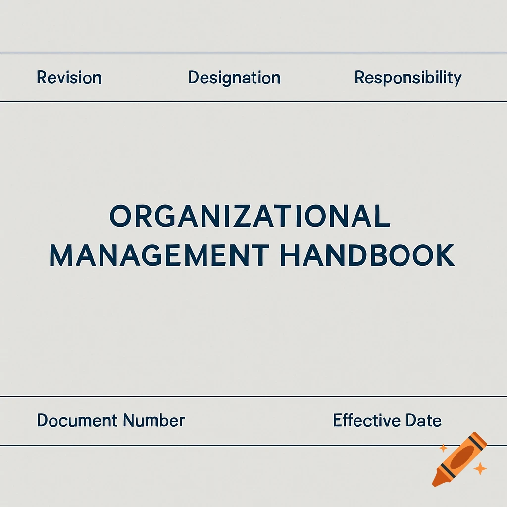 A minimalist document with the title "ORGANIZATIONAL MANAGEMENT HANDBOOK" and header/footer fields like "Revision", "Designation", and "Document Number".