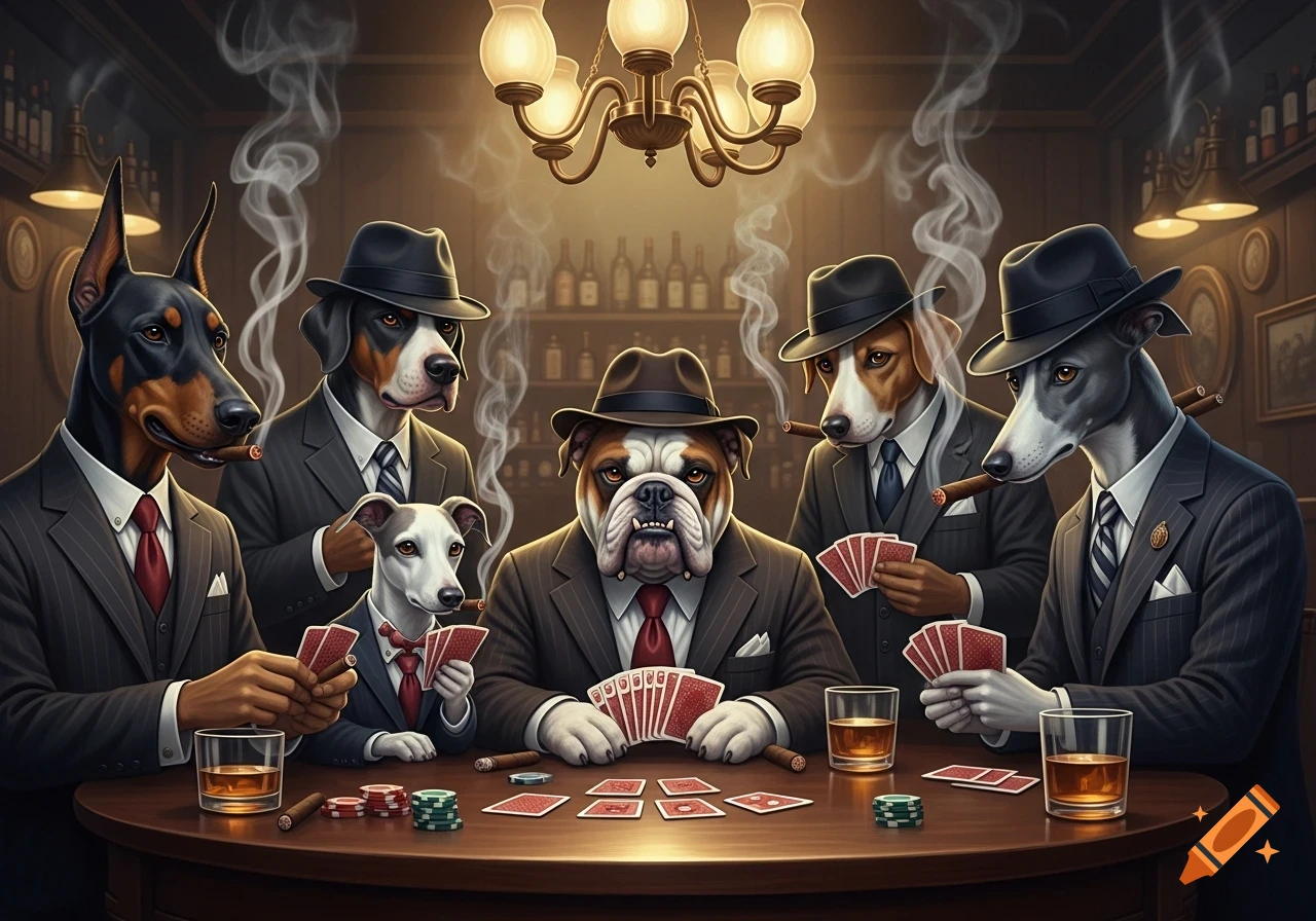 Anthropomorphic dogs in suits and hats playing poker and smoking cigars at a table in a dimly lit room.