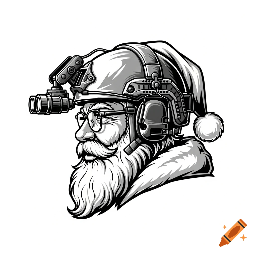 Black and white profile sketch of Santa Claus with a full beard, tactical helmet, night vision goggles, and headphones.
