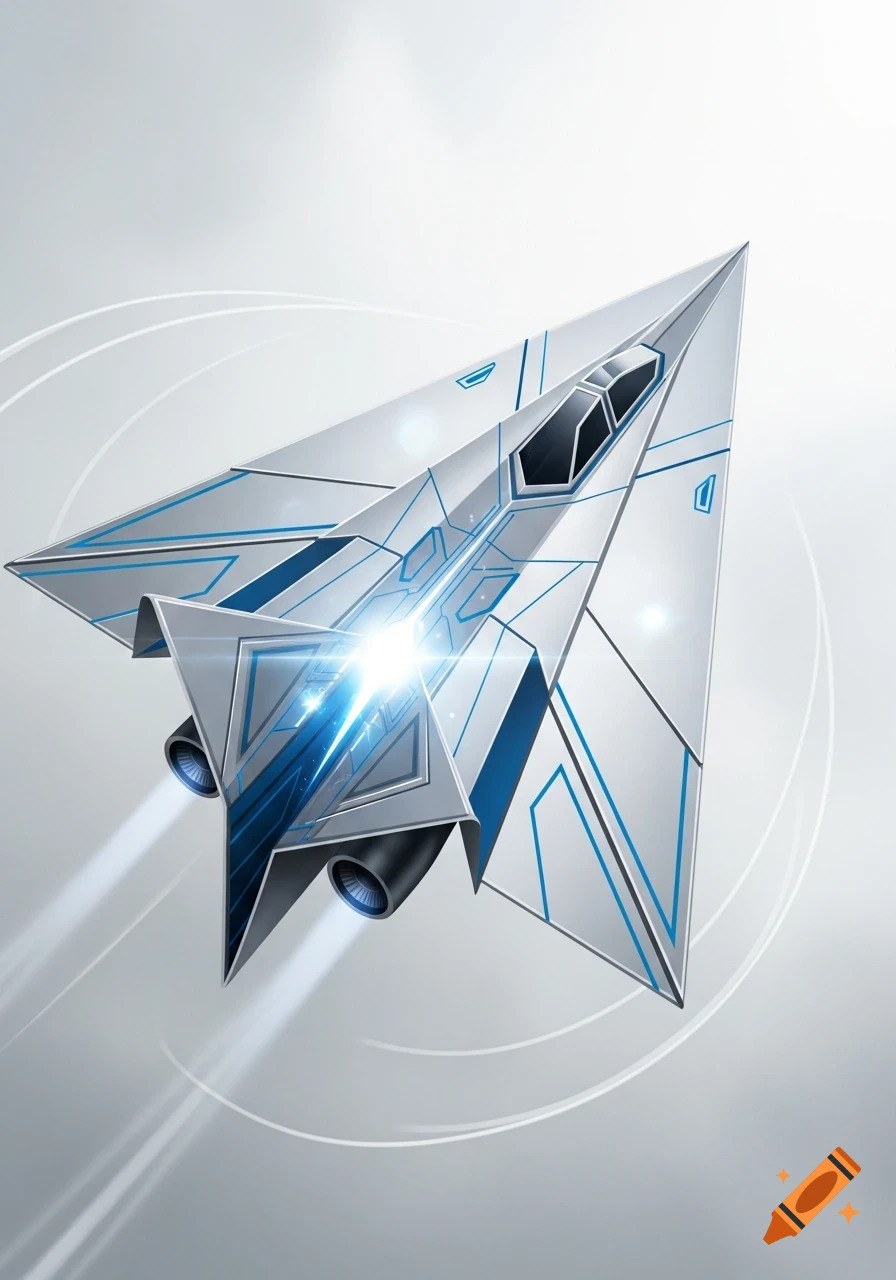 A sleek, futuristic white and blue paper airplane with glowing engines, flying against a light gray background.