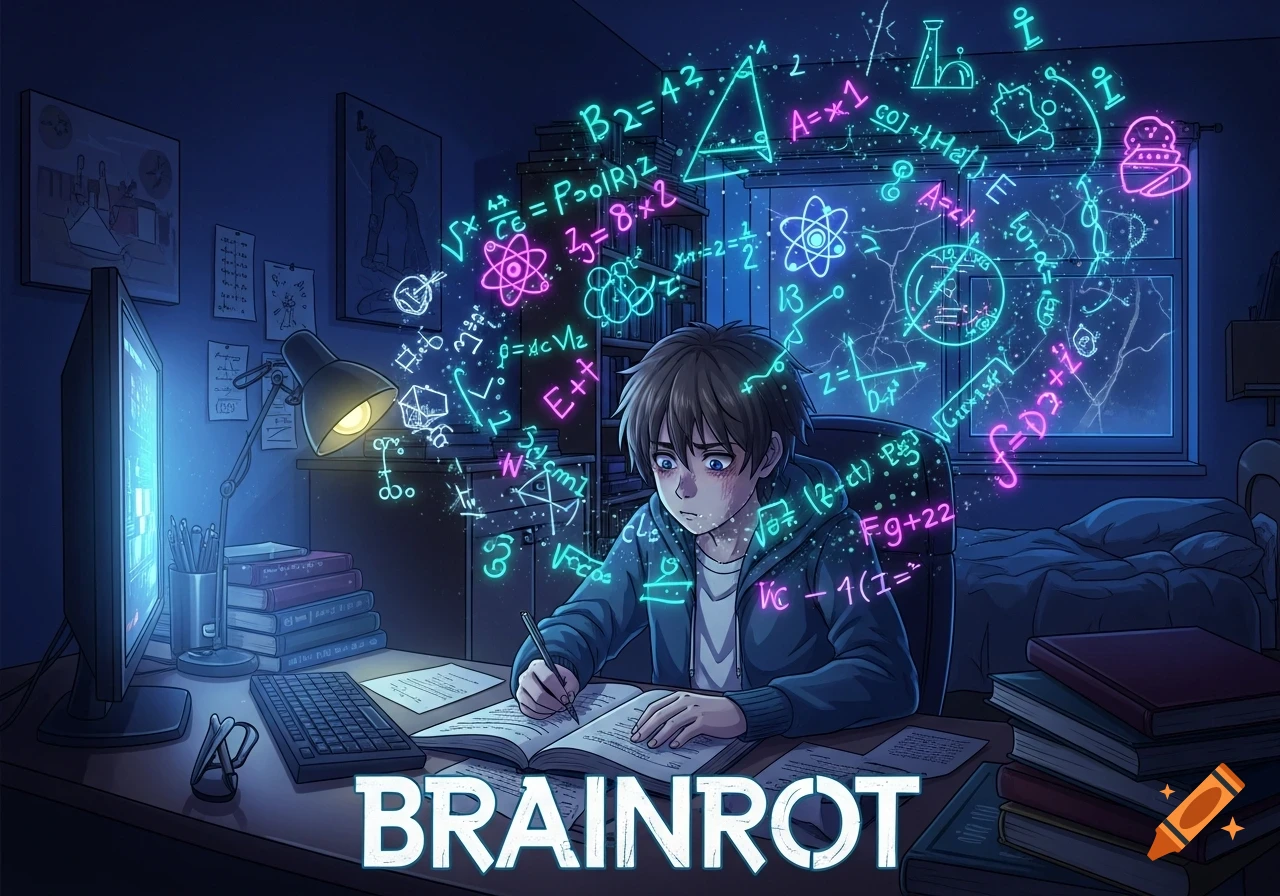 A worried anime student studies at a desk in a dark room, surrounded by glowing neon mathematical and scientific equations. The word "BRAINROT" is at the bottom.