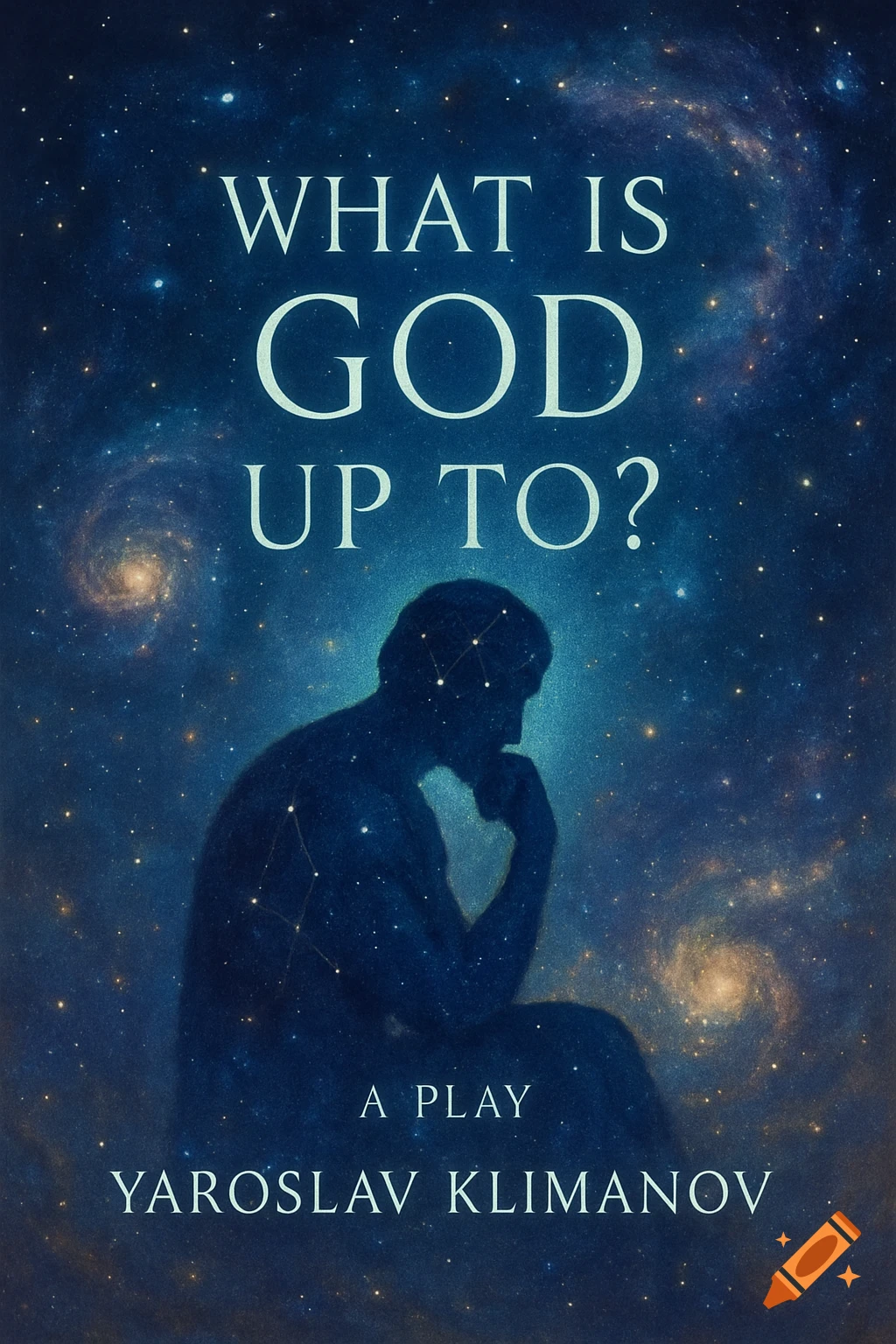 A book cover featuring a silhouette of a thoughtful person against a deep blue cosmic background with stars and galaxies. The title reads 'WHAT IS GOD UP TO?' and the author is 'YAROSLAV KLIMANOV'.