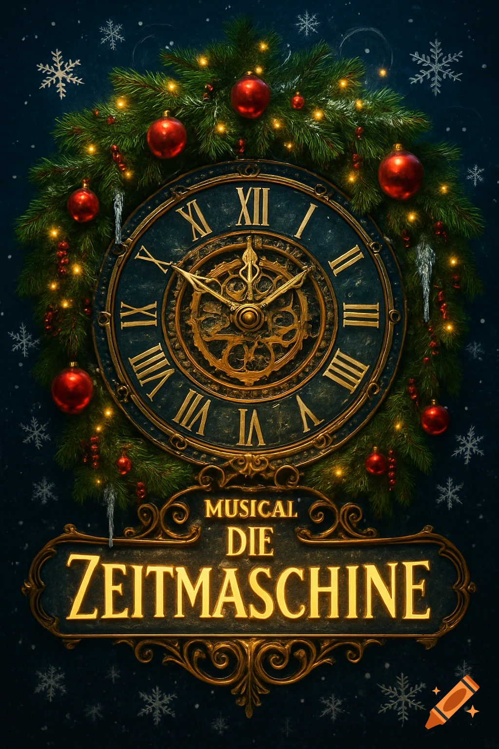 A festive musical poster featuring an ornate clock, a Christmas wreath with red ornaments and lights, and snowflakes. Text reads "MUSICAL DIE ZEITMASCHINE".