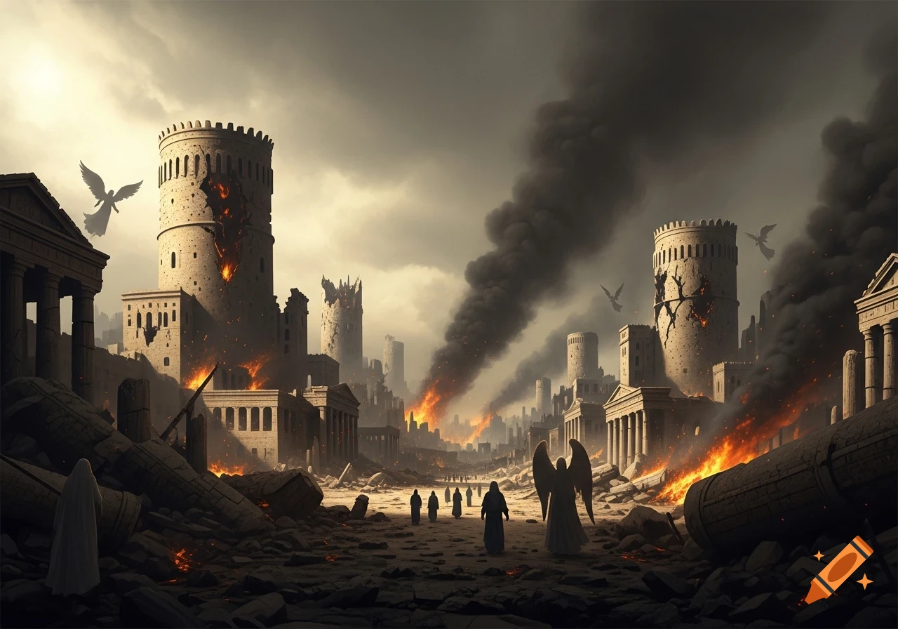 A devastated ancient city with fires burning among ruins under a dark, smoky sky, as cloaked figures and an angel walk through rubble.