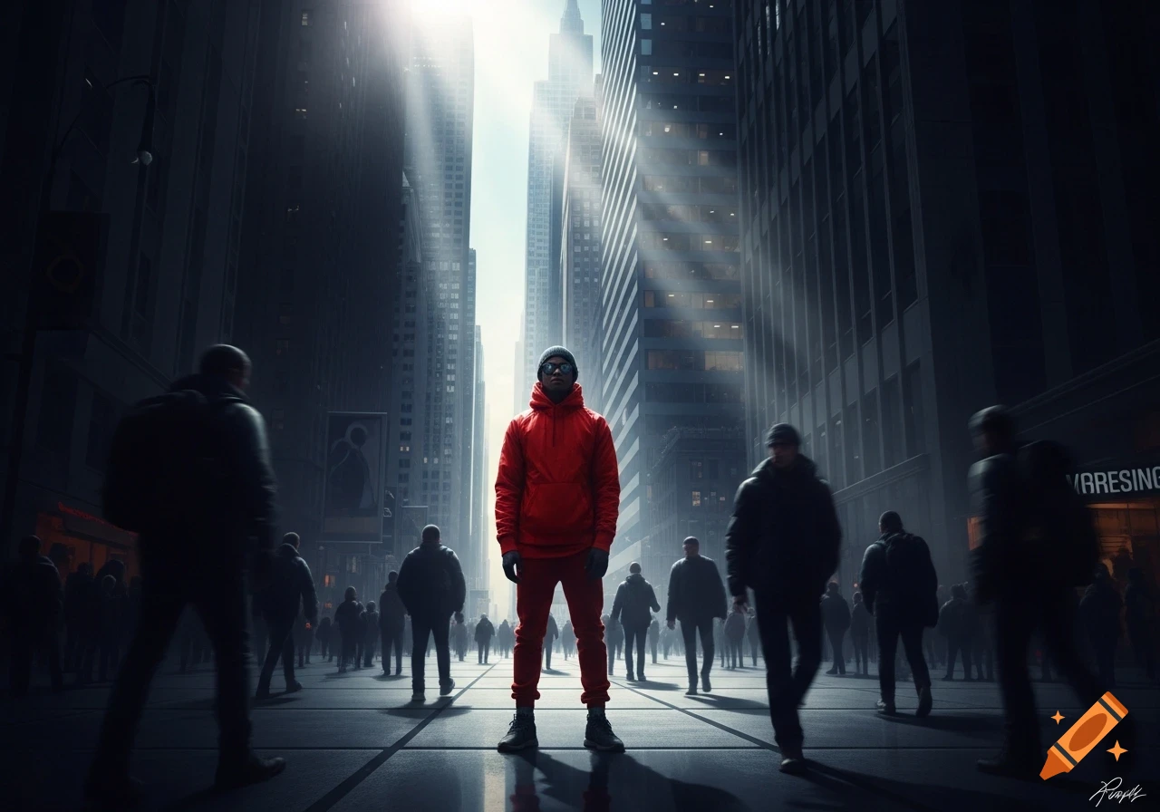 A person in a bright red tracksuit stands centered in a dark, busy city street, surrounded by blurred crowds and tall buildings, with sunlight breaking through.