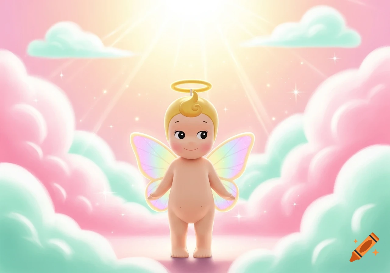 A cute, nude baby angel with rainbow wings and a halo stands among pastel pink and teal clouds with sunbeams.