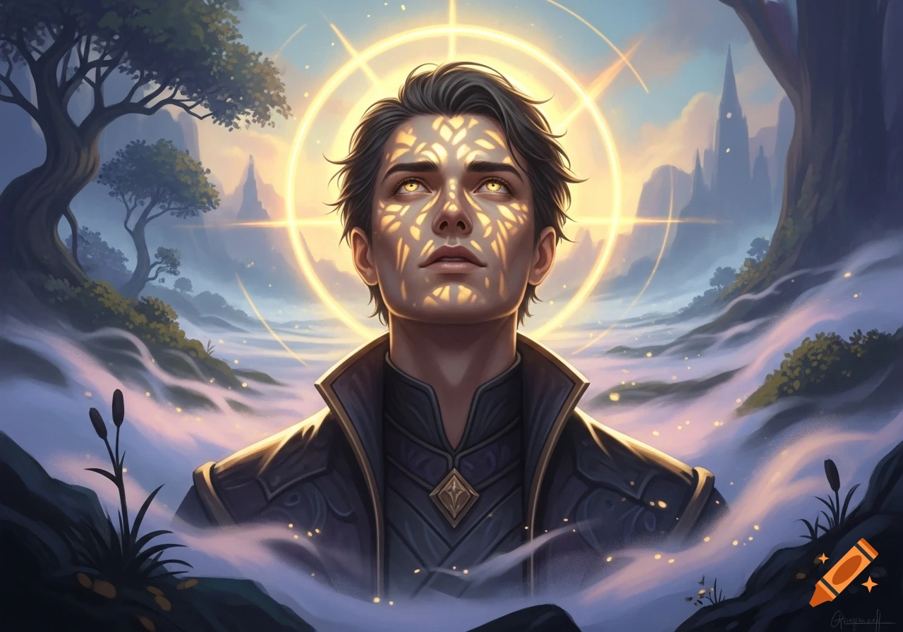 A man with glowing yellow eyes and patterned light on his face looks up, framed by a golden halo, in a mystical fantasy landscape.