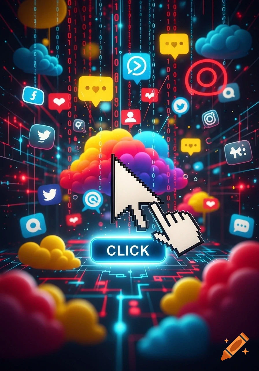 Digital art of a vibrant cloud surrounded by social media icons and binary code, with a mouse cursor pointing at a glowing 'CLICK' button.