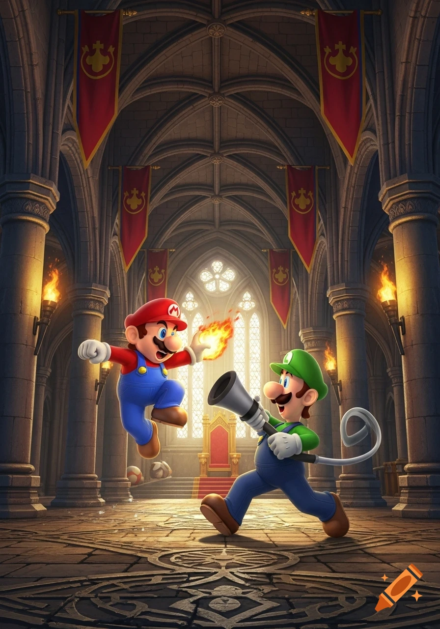 Mario jumps with a fireball as Luigi advances with a plunger in a grand stone castle hall with torches and banners.