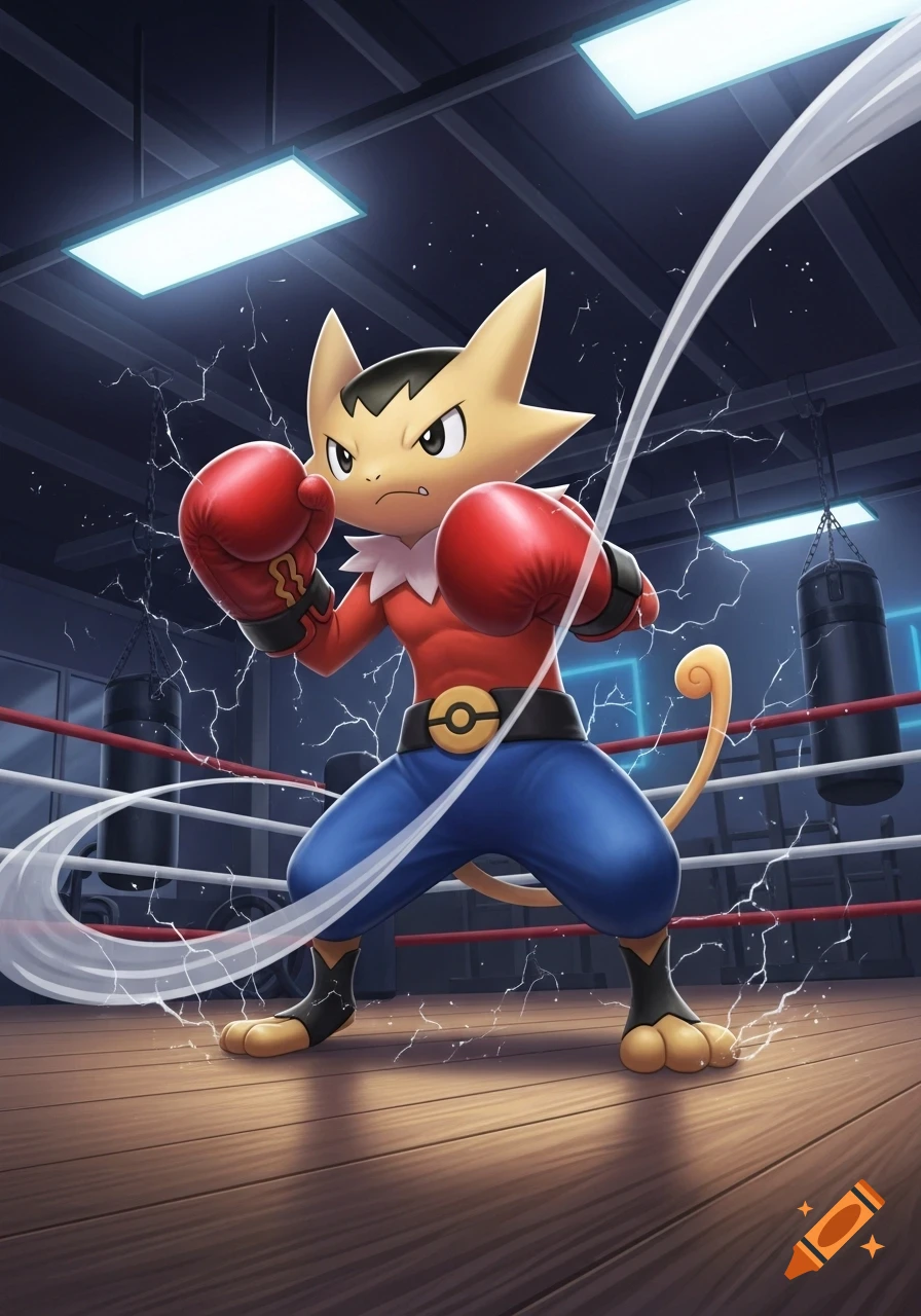 A determined cat-like Pokémon character in red boxing gloves and a red shirt poses in a boxing ring with lightning effects.