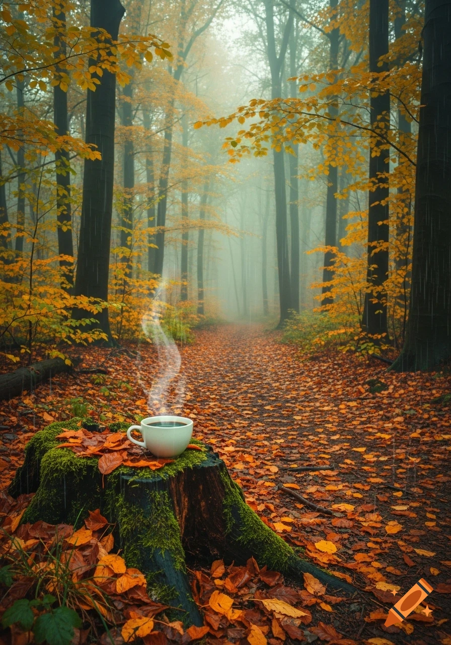A steaming white coffee cup on a mossy tree stump in a misty autumn forest with a leaf-covered path.