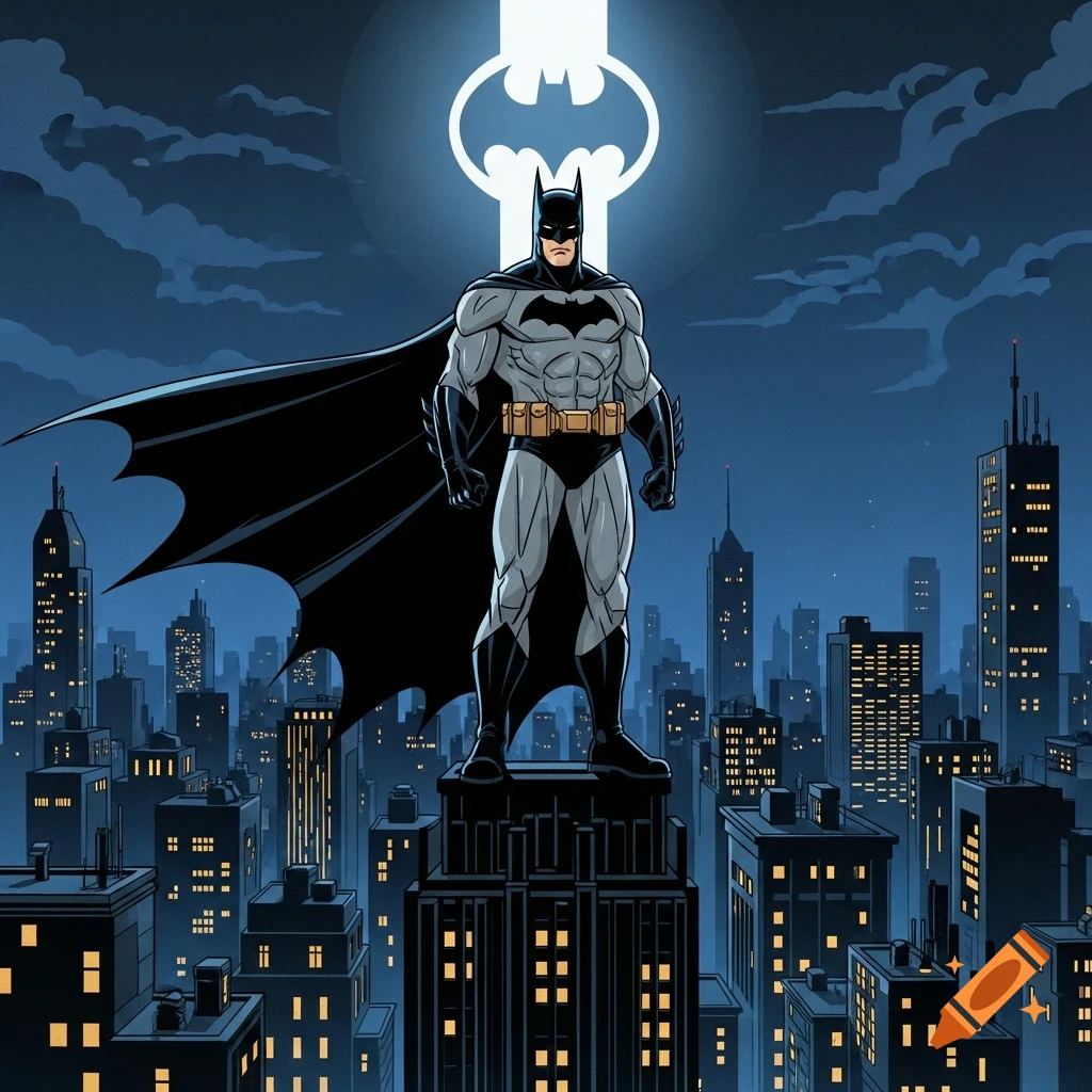 Batman stands atop a skyscraper overlooking a dark city at night, illuminated by a glowing bat signal in the sky.