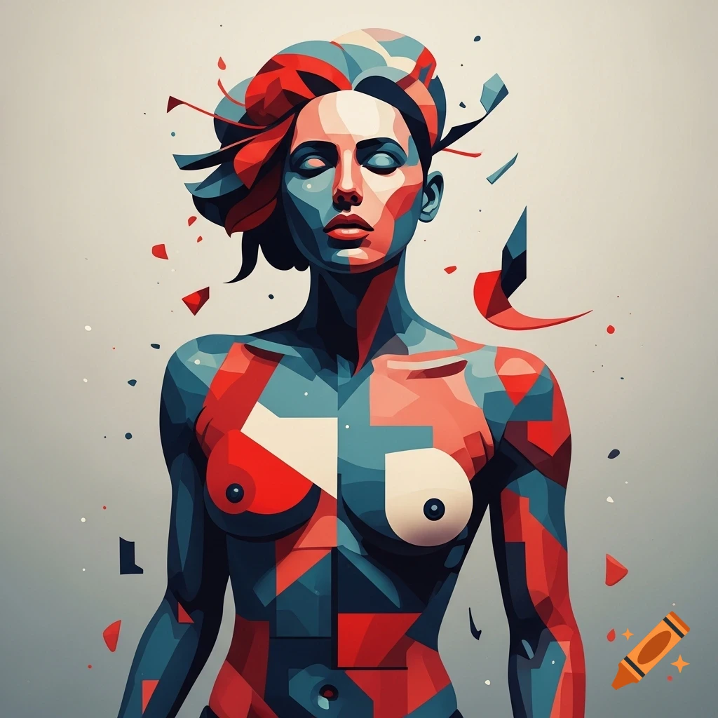 Abstract cubist portrait of a woman's torso, composed of red, blue, and white geometric shapes.