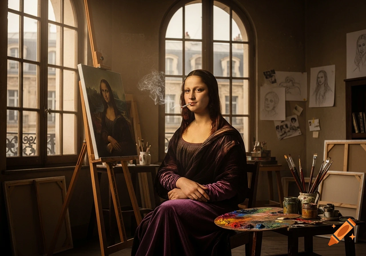 Photorealistic image of Mona Lisa smoking a cigarette in a sunlit artist's studio with her portrait on an easel.