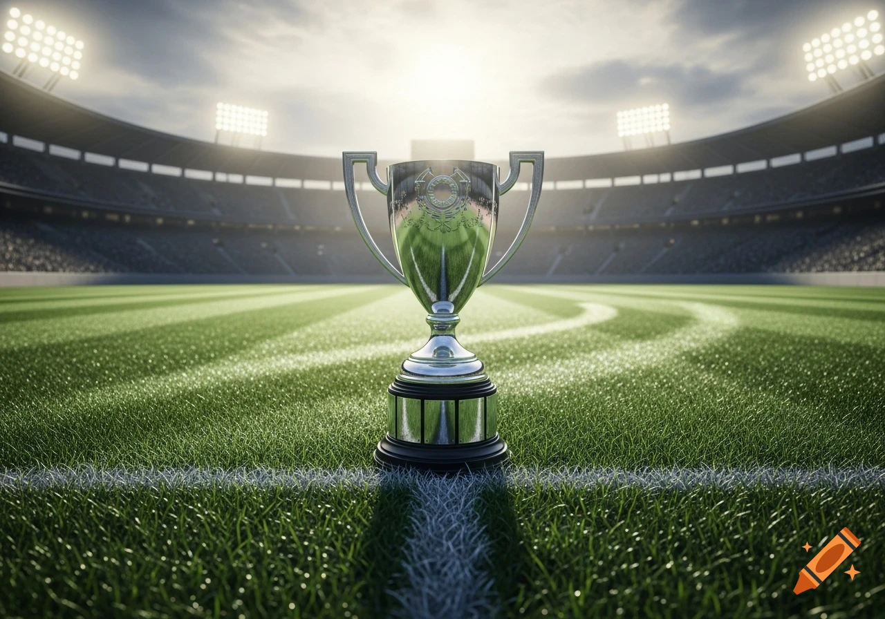 A gleaming silver trophy stands centered on a vibrant green soccer field within a large, sunlit stadium.