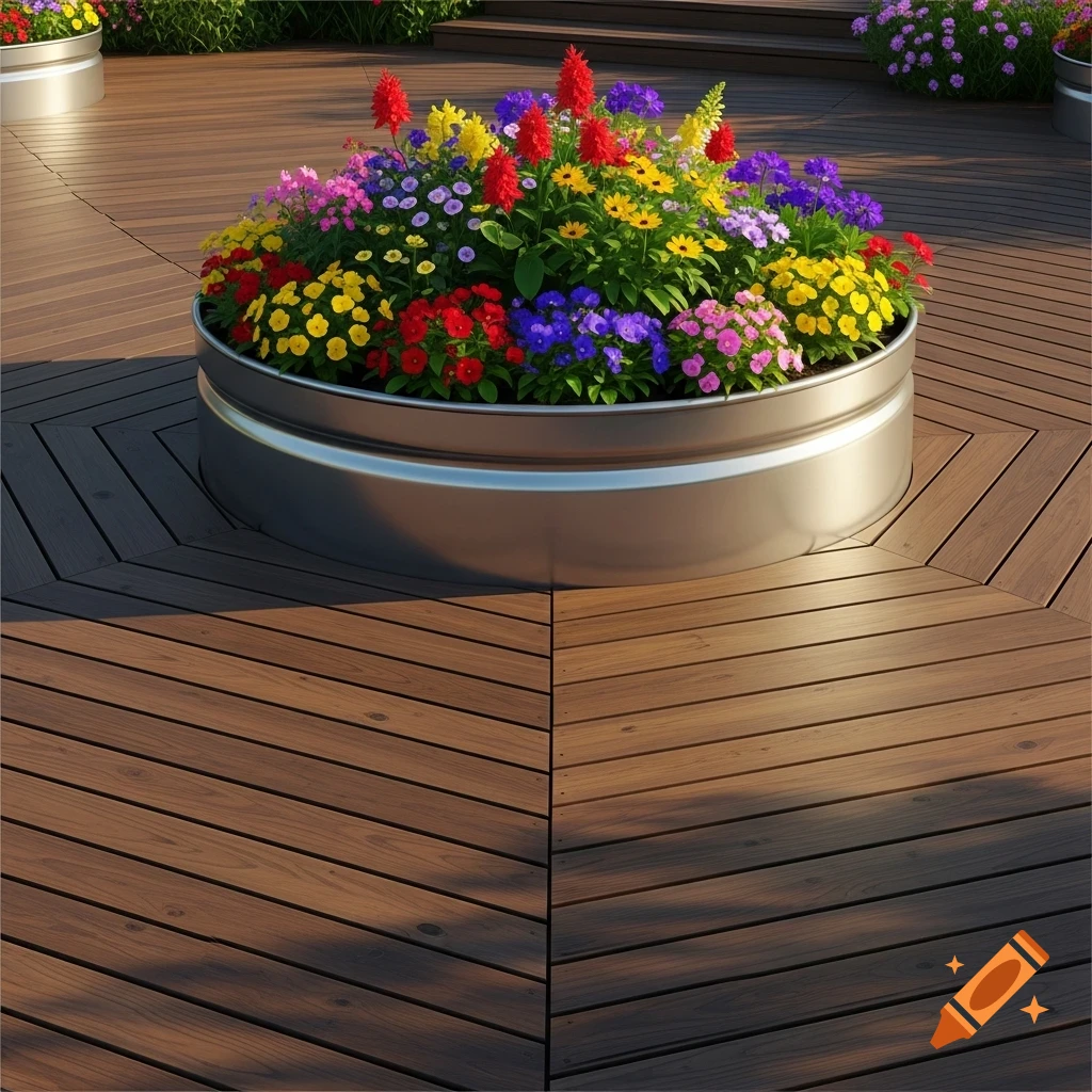 A large round silver metal planter filled with vibrant red, yellow, purple, and pink flowers sits on a dark brown wooden patio.