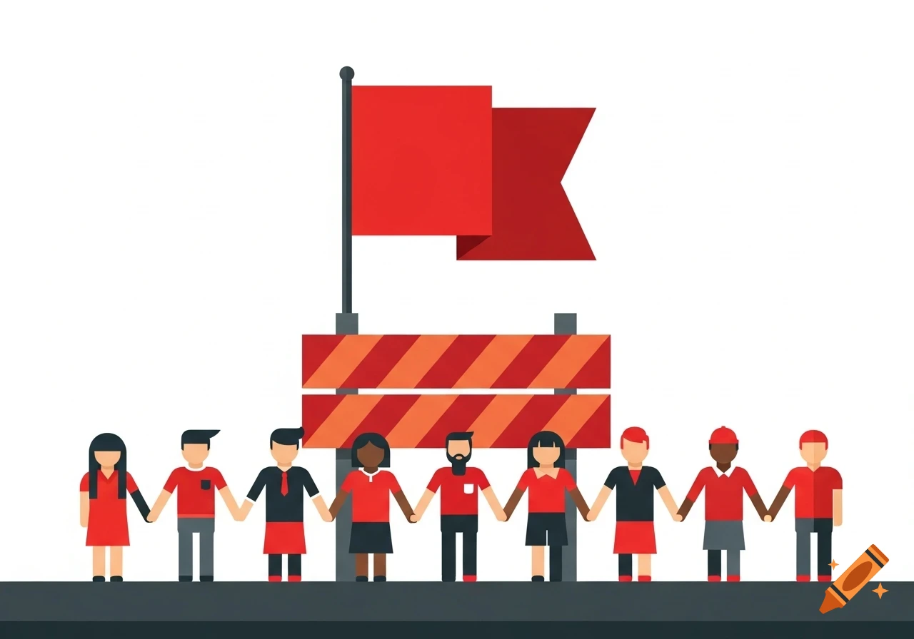 A flat design illustration of diverse people holding hands in front of a red flag on a striped barrier, symbolizing solidarity.