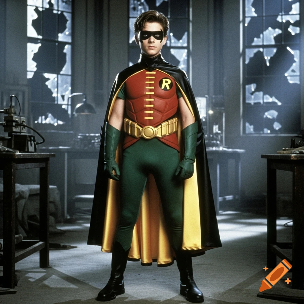A young boy dressed as Robin, the Boy Wonder, stands confidently in a dark, abandoned laboratory with broken windows.