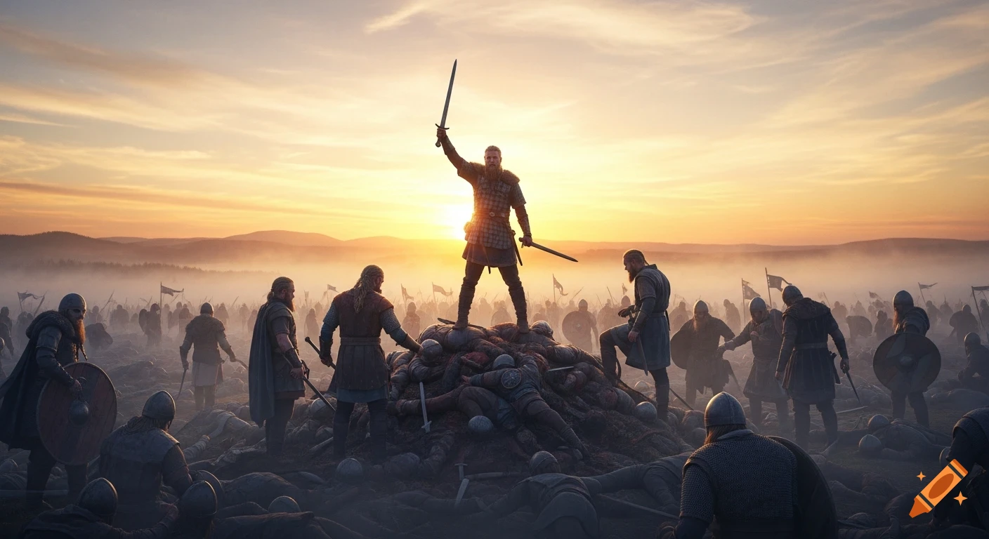 A victorious Viking warrior stands on a pile of fallen enemies, raising a sword at sunset on a misty battlefield.