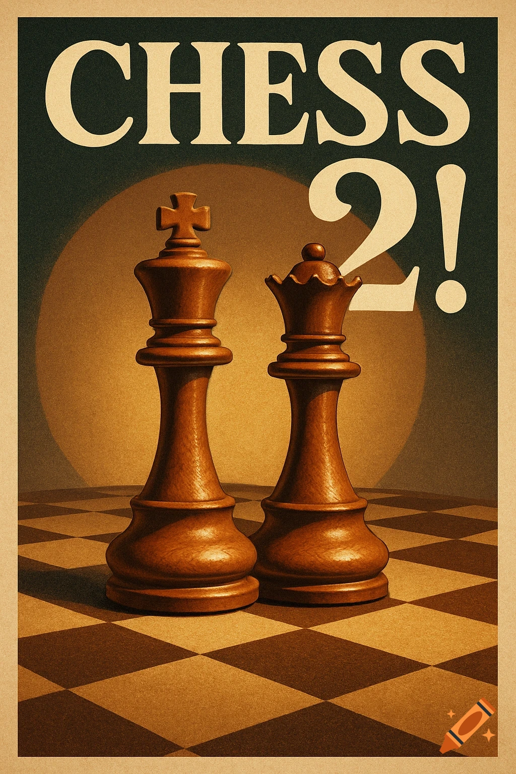 A retro-inspired poster featuring a wooden king and queen chess piece on a checkerboard, with "CHESS 2!" as the title.