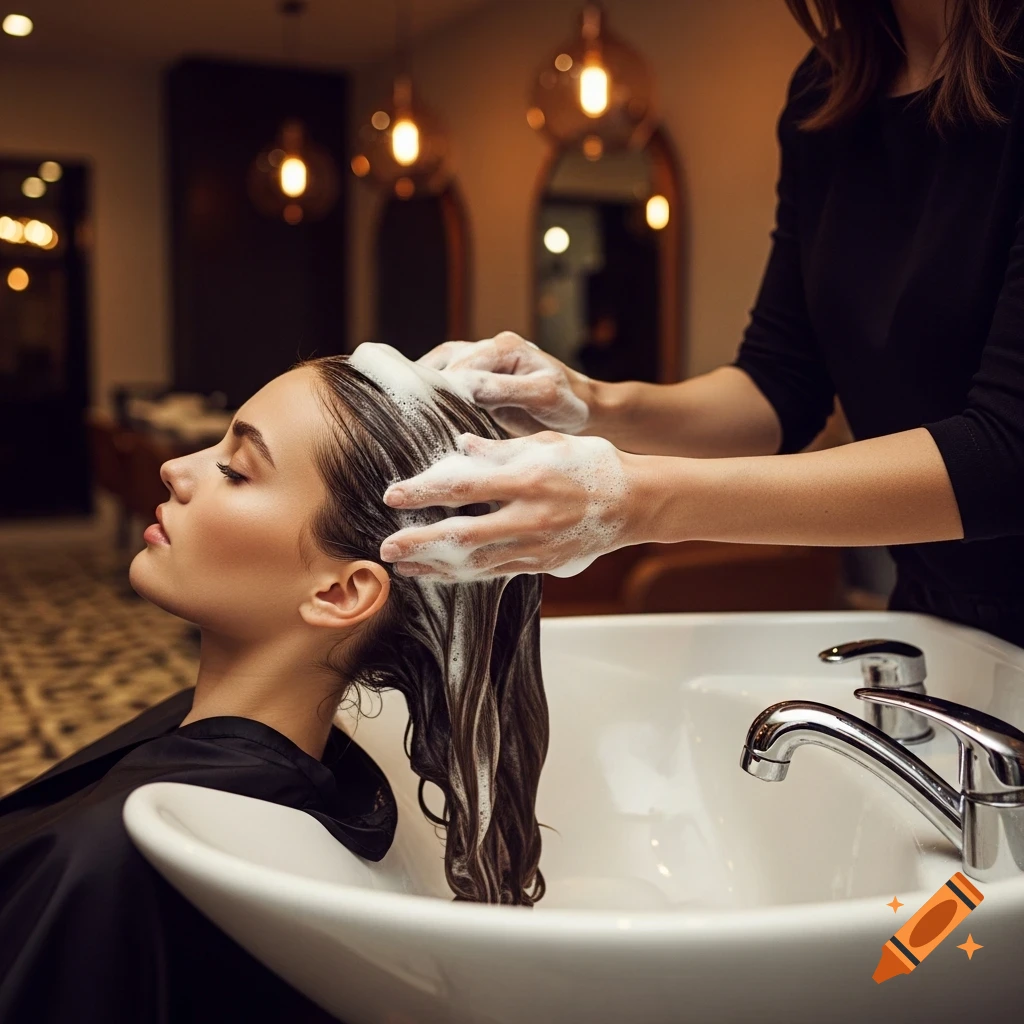 A woman with her head tilted back, eyes closed, getting her hair lathered with shampoo by a hairdresser in a salon.