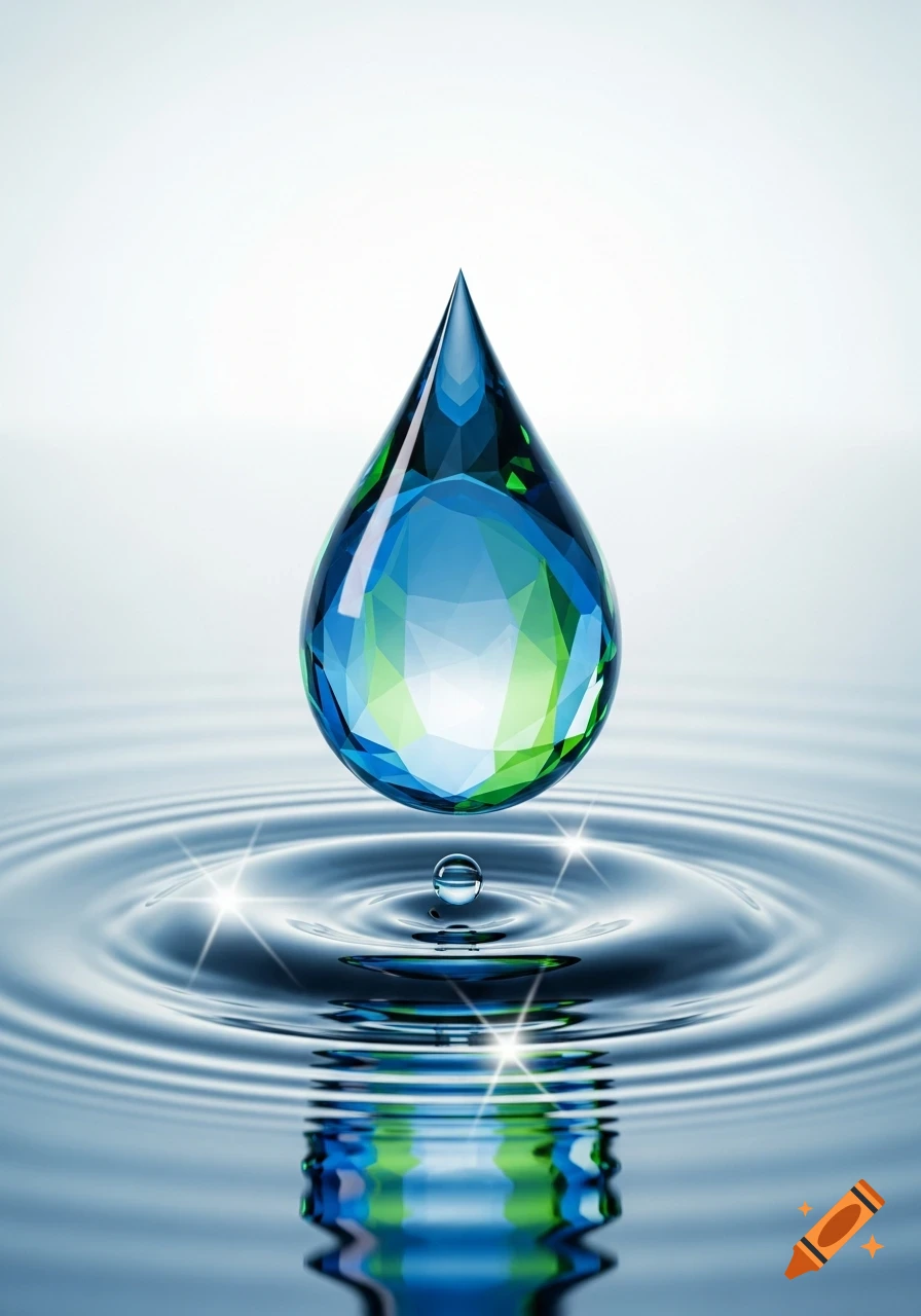 A faceted blue and green jewel-like water drop suspended above water, creating ripples and reflecting its colors.
