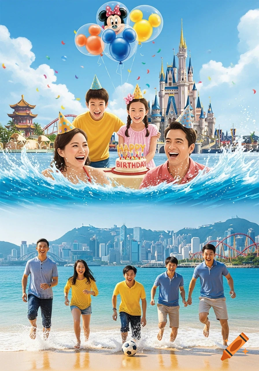 An illustrated collage featuring an Asian family celebrating a birthday in water with a theme park in the background, and another group playing soccer on a beach with a city skyline.
