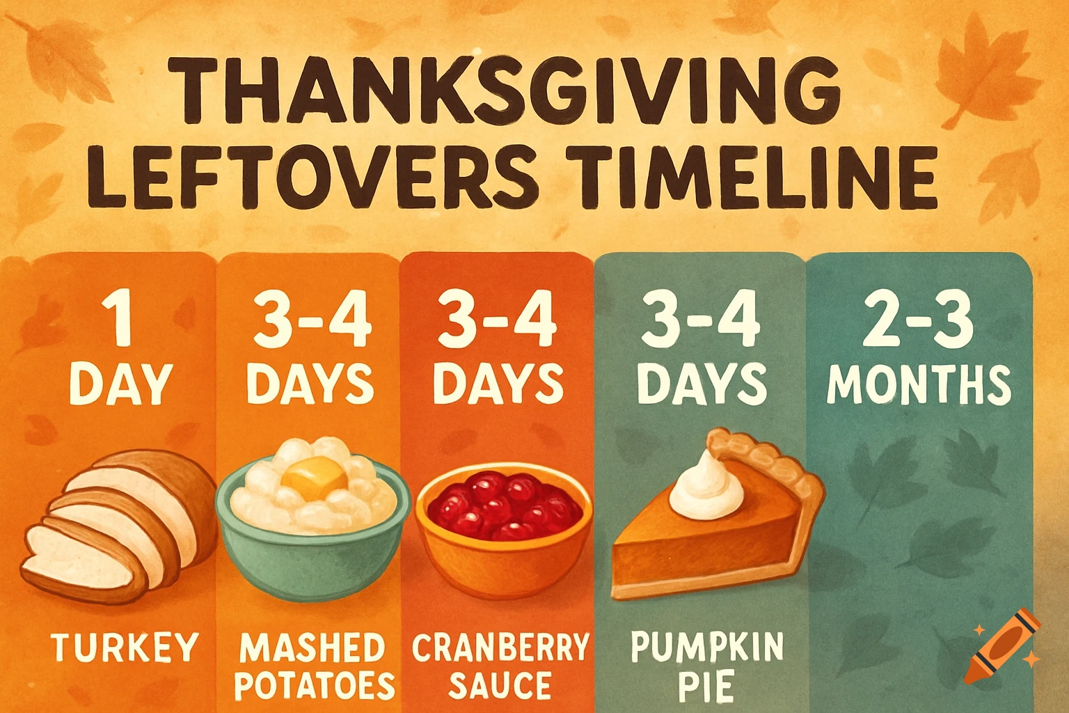 A colorful infographic chart titled 'Thanksgiving Leftovers Timeline' showing turkey, mashed potatoes, cranberry sauce, and pumpkin pie with their recommended storage durations.