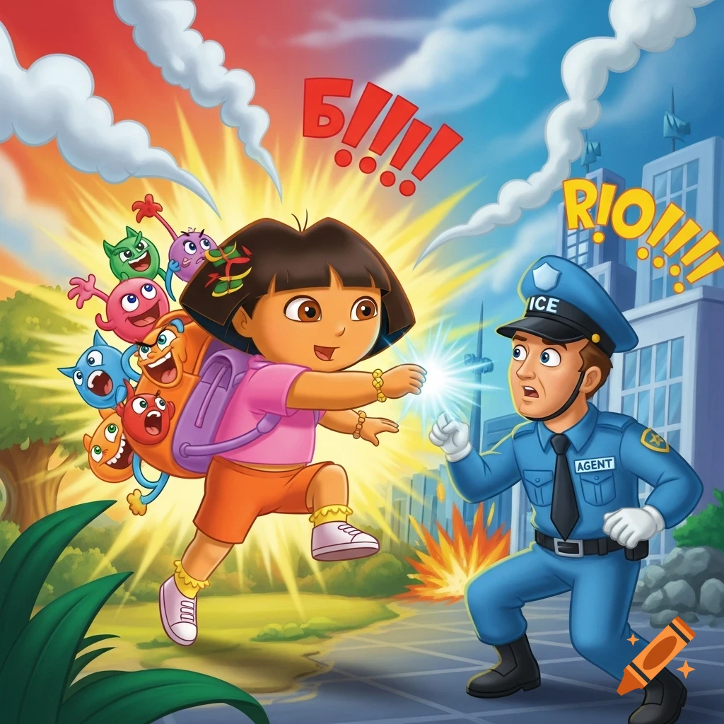Dora the Explorer fights a police officer, striking him with a glowing hand while her backpack creatures cheer. Explosions erupt around them with exclamations like "Б!!!" and "RIO!!!"