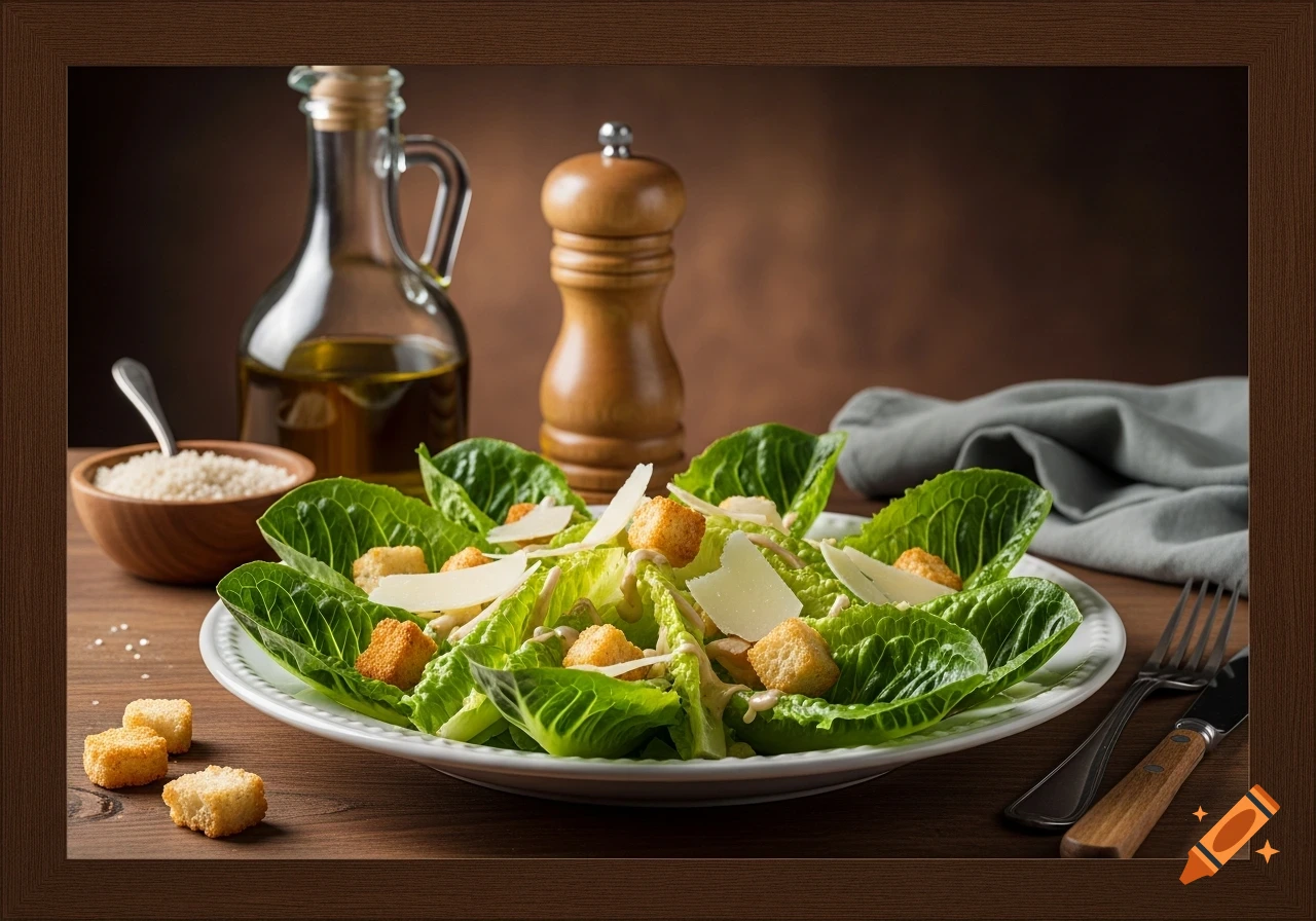 A close-up shot of a fresh Caesar salad with romaine lettuce, croutons, parmesan cheese, and dressing on a white plate, with olive oil and a pepper grinder in the background.