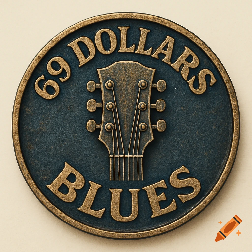 A dark bronze coin logo with '69 DOLLARS' at the top, a guitar headstock in the center, and 'BLUES' at the bottom.